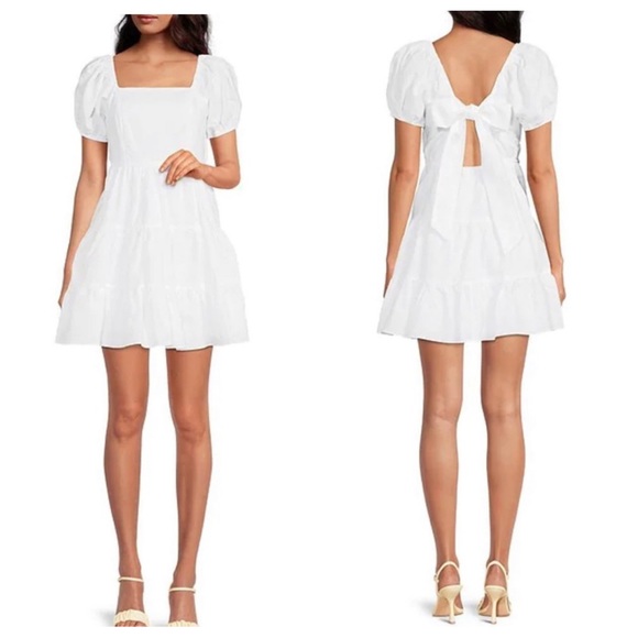 🎉HP🎉 Bow Back Chelsea & Violet Square Neck Puff Sleeve Linen Tiered Dress 🎀 - Picture 1 of 5